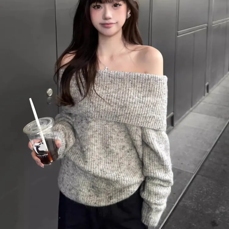 灰色露肩韩系套头毛衣女秋慵懒风宽松休闲显瘦气质小个子长袖上衣