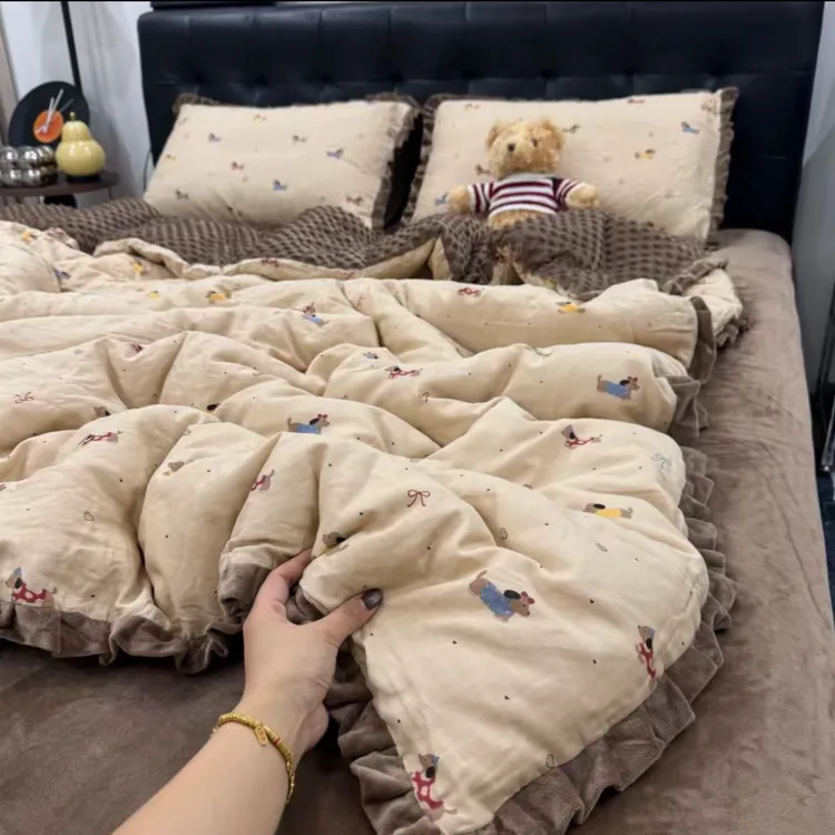 秋冬加厚棉加绒四件套A版全棉纱布B版豆豆绒被套双面可用三件套