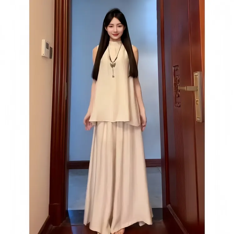 女童新中式无袖连衣裙夏季2025新款挂脖背心时尚气质套装裙裤款
