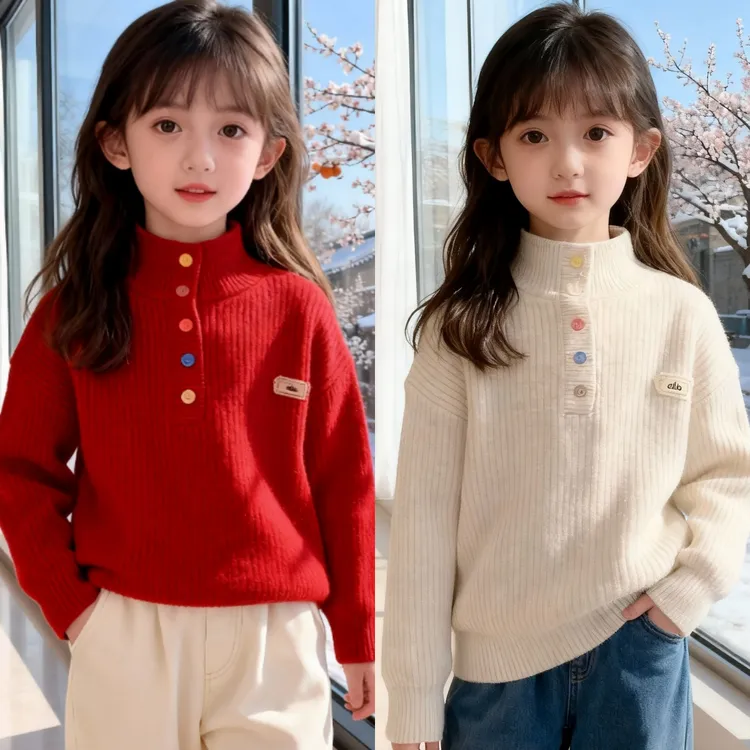 女童毛衣洋气加厚保暖一体绒儿童打底针织衫2025新款红色女孩上衣