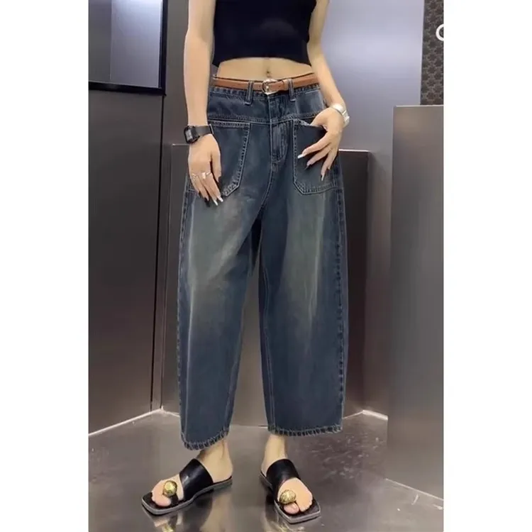梨形微胖穿搭老爹牛仔裤女2025春夏新款大码八分裤宽松显瘦哈伦裤