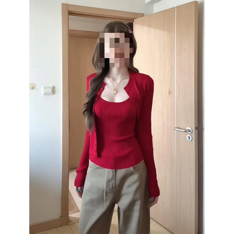 2025新款女士早秋季时尚穿搭休闲百搭短款针织开衫高腰宽松阔腿裤