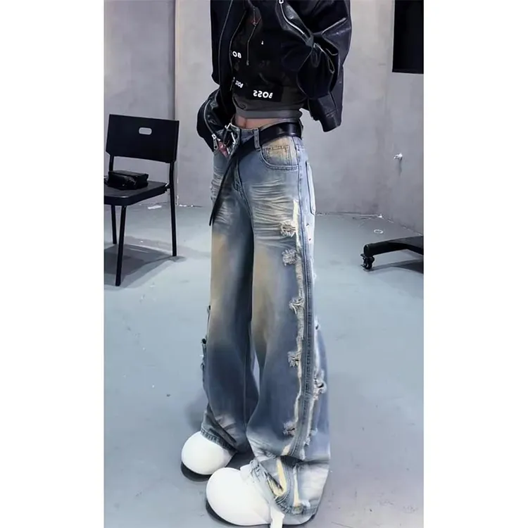 2025夏季爆款高腰显瘦设计感梨形身材宽松破洞牛仔裤女拖地阔腿裤