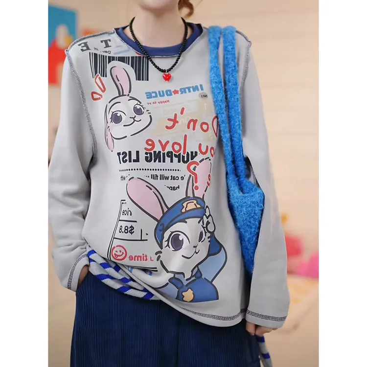 设计感卡通狐狸兔子印花加绒卫衣秋冬新款超好看宽松显瘦百搭上衣