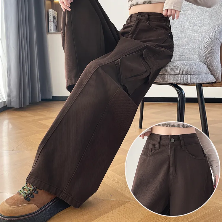 蜜蜜穿搭咖色工装风高腰阔腿牛仔裤女2025秋季新款多口袋弯刀裤子