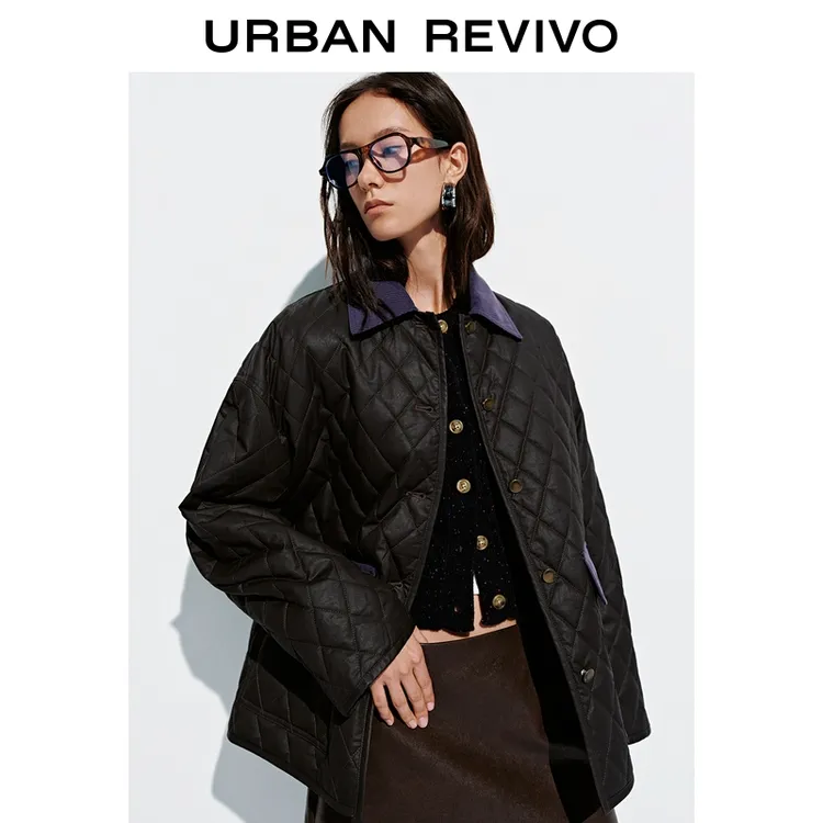 UR2025秋季新款女装撞色灯芯绒菱格绗缝棉服外套UYL150045
