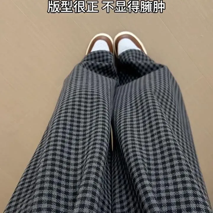 胖mm慵懒撞色窄版格子裤女2025秋冬高腰显瘦直筒裤宽松拖地阔腿裤