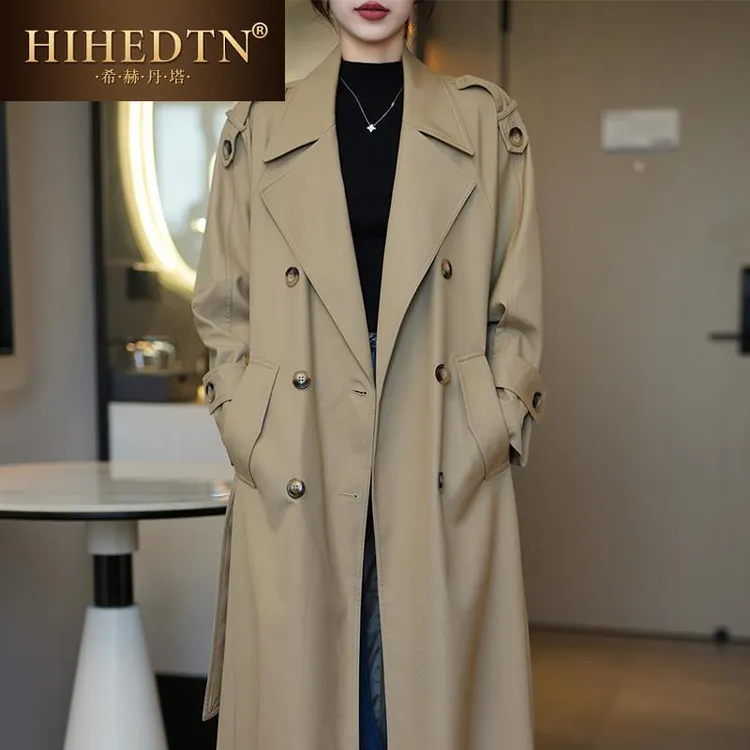 希赫丹塔韩版显瘦落肩宽风衣女春秋垂坠感高端双排扣长版卡其外套