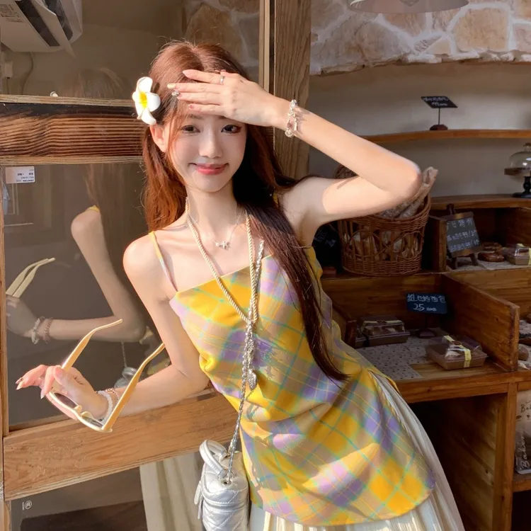 黄色格子 新款设计感开叉不规则黄色格子吊带上衣女