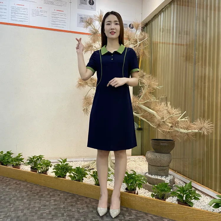春夏款POLO领短袖A字裙时尚百搭修身显瘦减龄气质连衣裙 女宽松版
