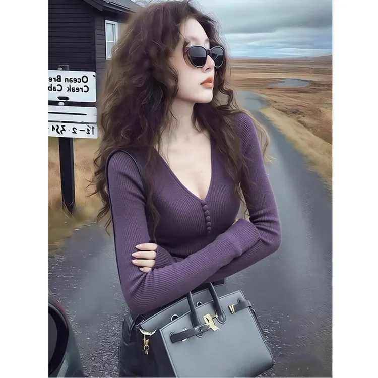 紫色V领长袖内搭毛衣女秋冬显瘦气质修身纯欲性感打底针织衫上衣
