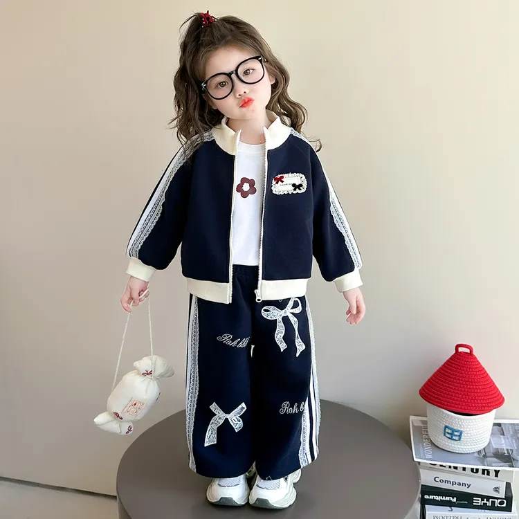 女童韩系套装秋装新款儿童蕾丝蝴蝶结外套女宝宝休闲阔腿裤两件套
