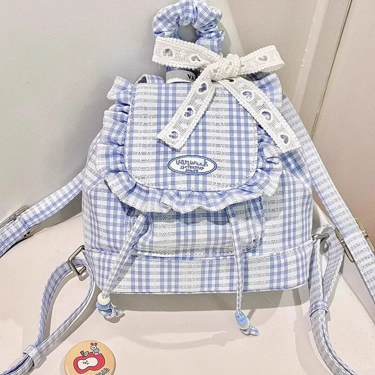 2025新款蓝色流行甜美可爱蕾丝格子双肩包女蓬松荷叶边背包少女大