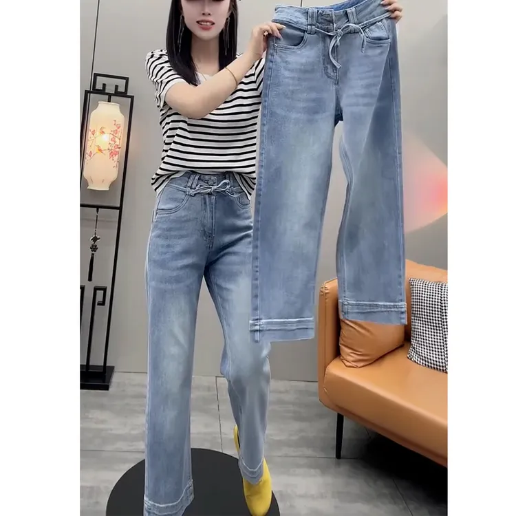 梨形身材浅蓝色直筒牛仔裤女春季大码高腰弹力显瘦胖mm九分烟管裤