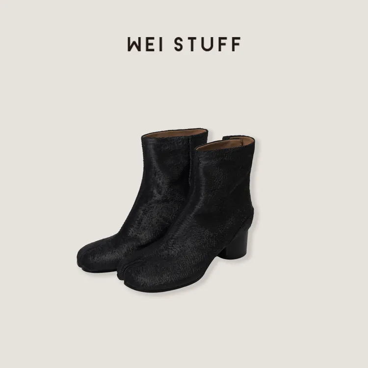 WEI STUFF  “手工刀割” 复古裂纹舒适牛皮粗跟分趾短靴 10102.