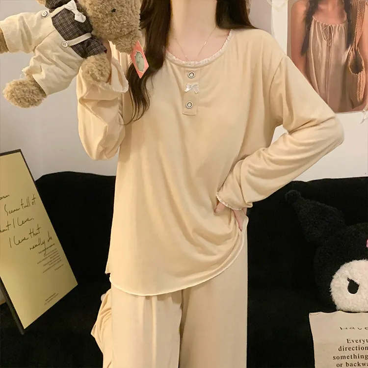睡衣女款春秋季长袖韩版简约圆领带胸垫多巴胺色系韩系米色两件套