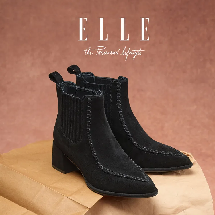 ELLE黑色粗跟切尔西靴女2025新款冬季加绒尖头高跟靴真皮英伦短靴