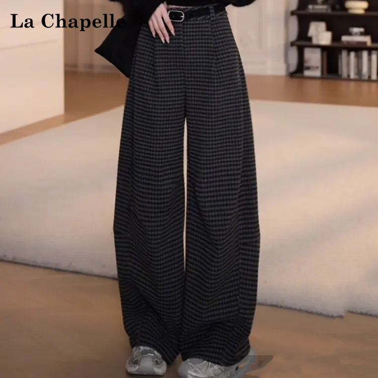 拉夏贝尔2025新款黑灰格子休闲阔腿女秋季高腰显瘦百搭垂顺直筒裤