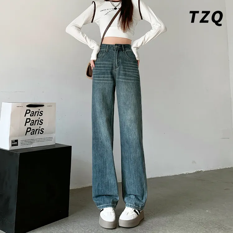 小个子休闲窄版牛仔阔腿裤女高腰百搭显瘦九分直筒裤子TZQ2592604