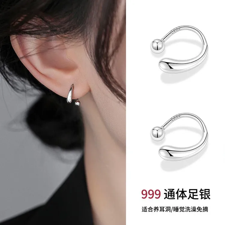足银耳饰 999银水滴耳钉女螺丝拧扣养耳洞耳环2025新款爆款洗睡免