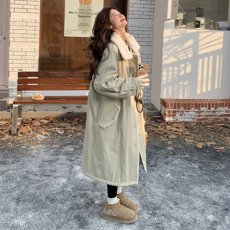 羊羔毛领长款工装派克服外套女2025冬新款高级感加绒加厚保暖大衣