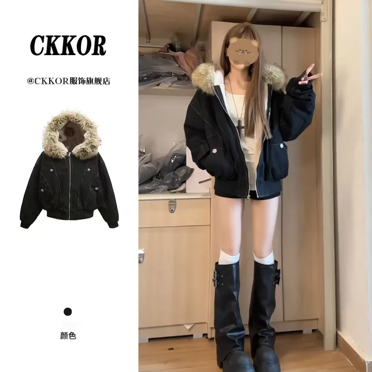 CKKOR保暖棉服座山雕外套女冬季新款棉衣加绒加厚派克服穿搭棉袄