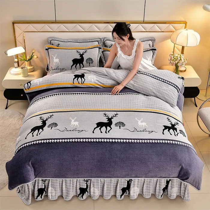 【中号四件套】加绒加厚保暖牛奶绒套件防静电印花款毛绒被套四件套