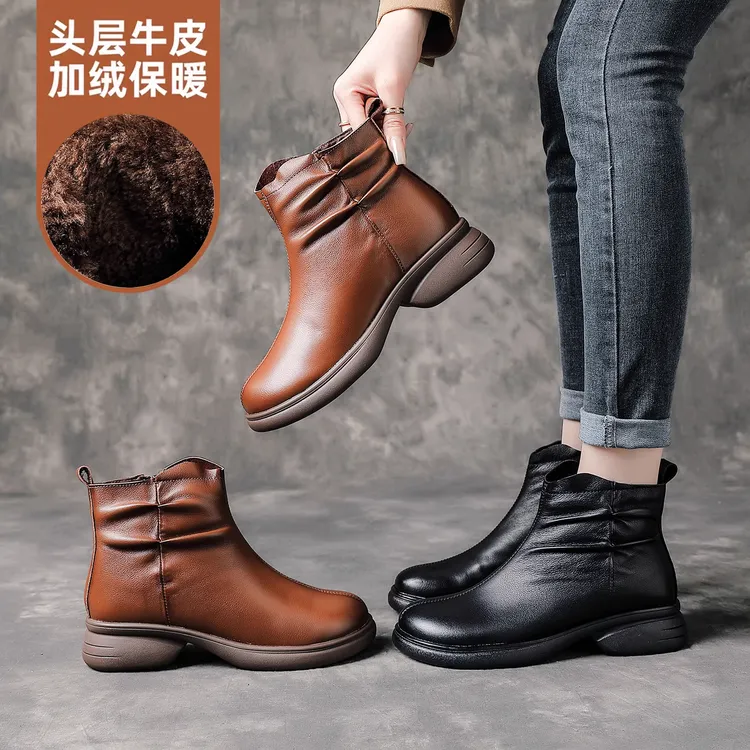 头层牛皮软底妈妈鞋真皮短靴女2025新款秋冬单靴加绒中老年棉皮鞋