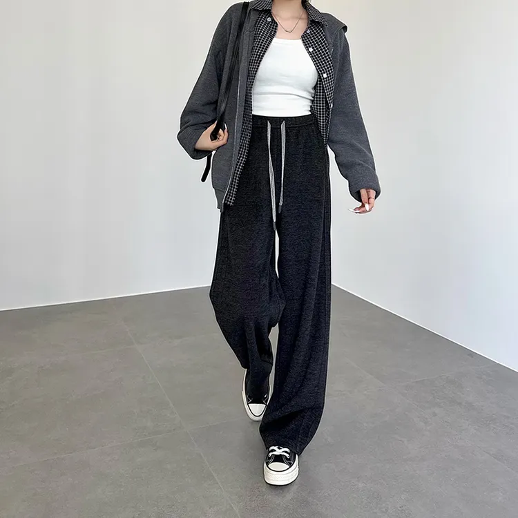 加绒醋酸绵羊毛弯刀裤女秋冬慵懒软糯垂感云朵绒直筒窄版阔腿裤子