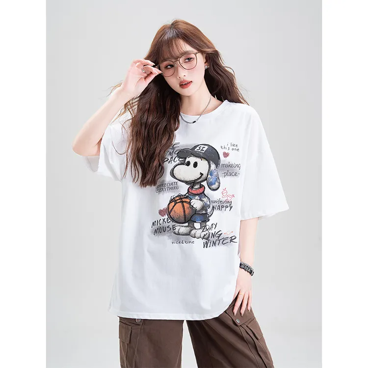 卡通字母印花短袖T恤女2025夏季新款小众设计感宽松显瘦百搭上衣