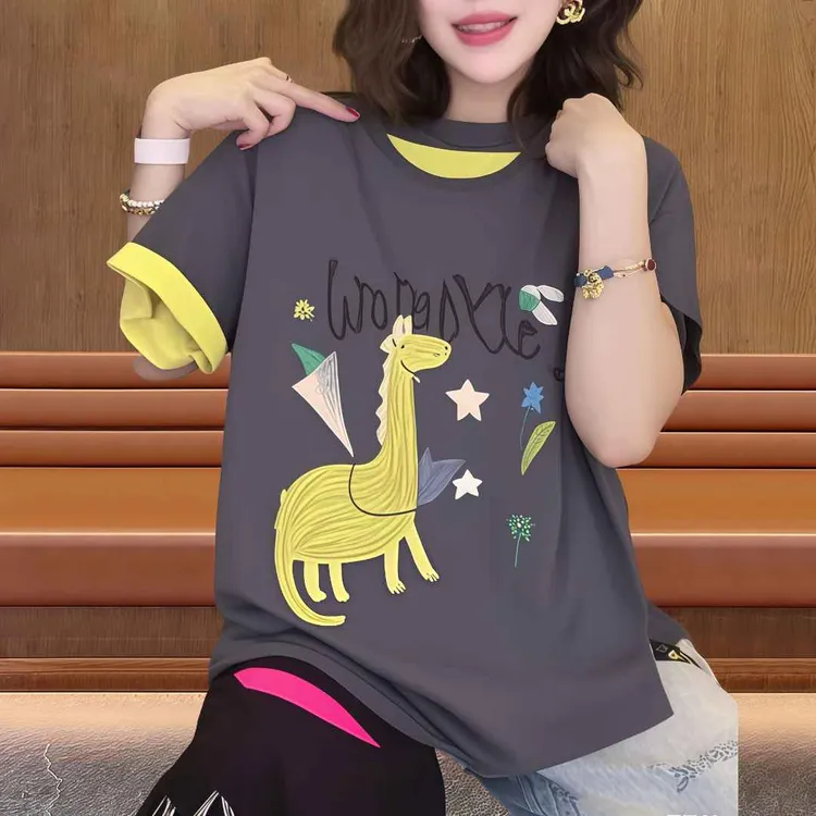 纯棉独特别致撞色卡通印花宽松短袖T恤女夏季新款韩版洋气休闲装
