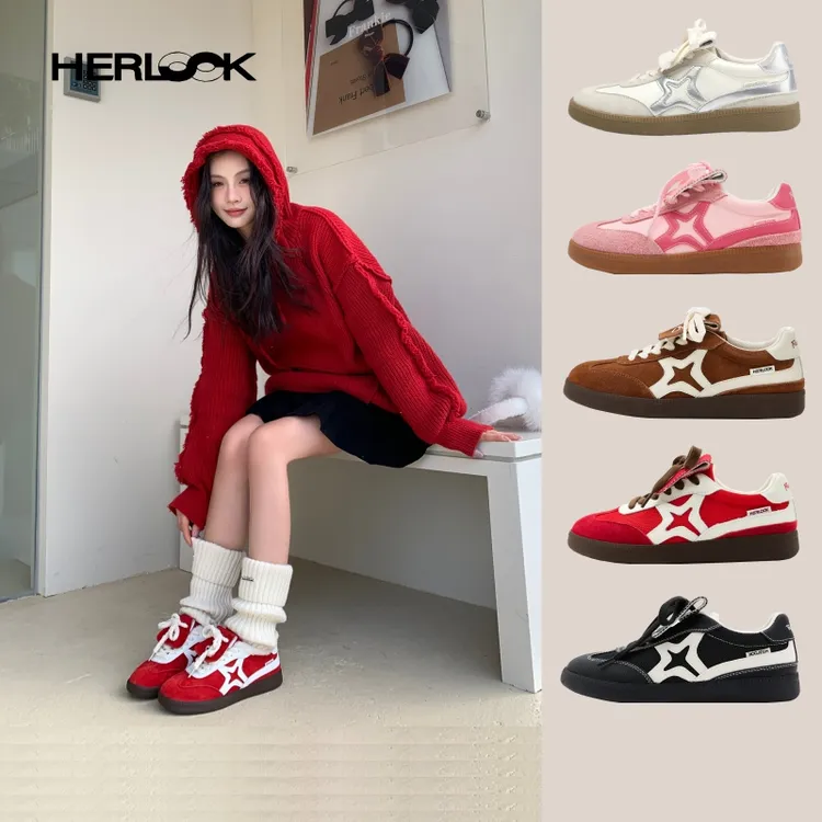 HERLOOK星星德训鞋女红色运动出游百搭鞋子休闲欧若风德训女鞋