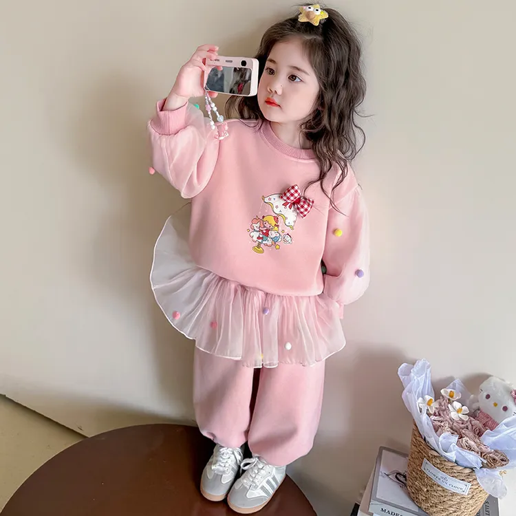 女童加绒套装秋冬装新款儿童卡通卫衣时尚宝宝韩系加厚两件套保暖