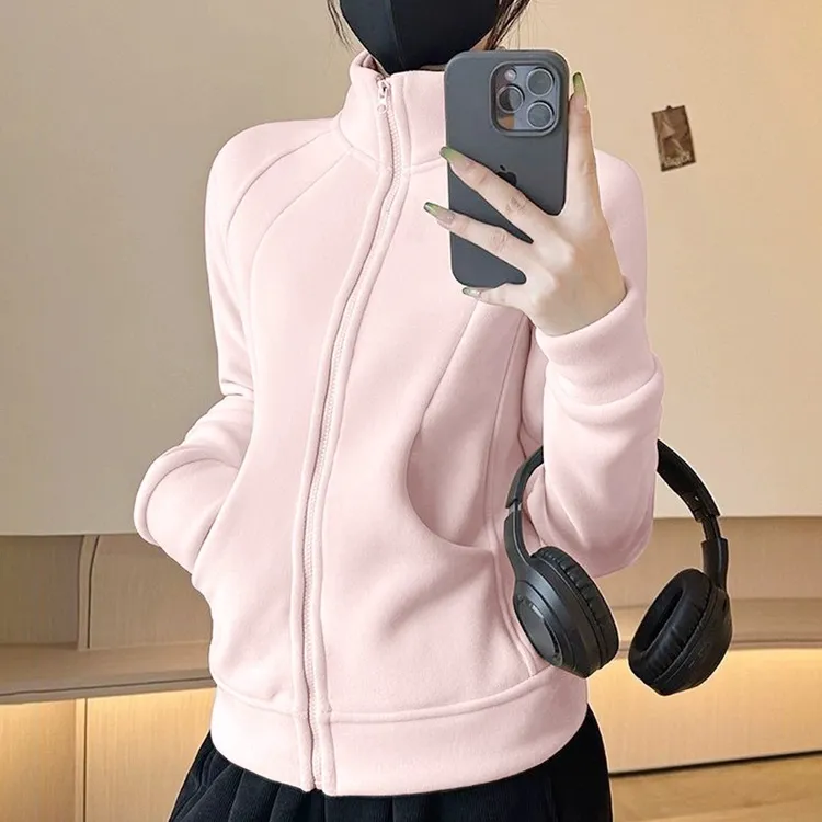 奥粒绒卫衣外套女秋冬加绒加厚无帽内搭打底开衫修身抓绒立领上衣