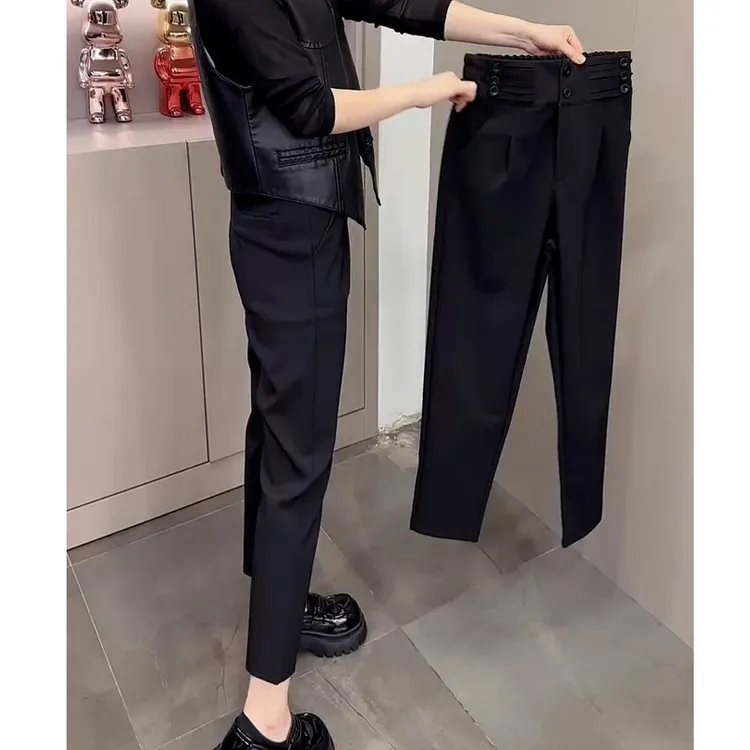 黑色休闲烟管西裤女春秋大码胖MM高腰弹力修身显瘦直筒法棍九分裤