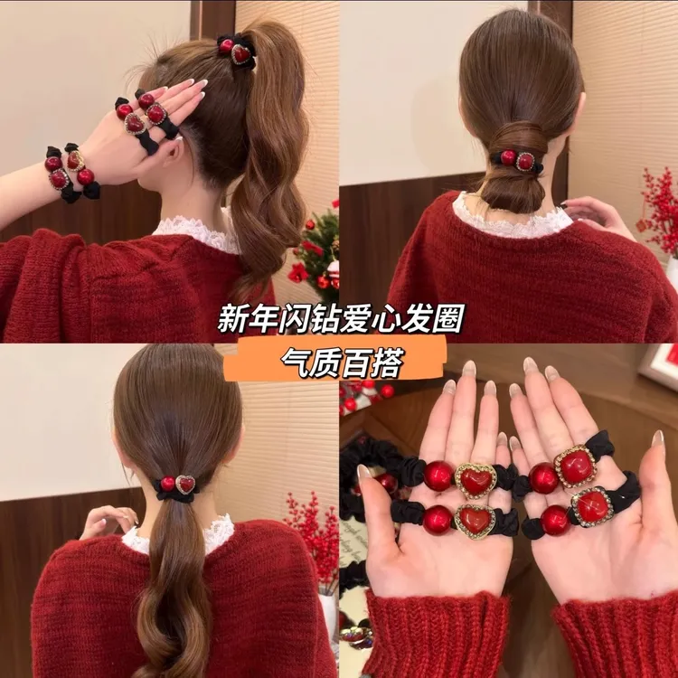 新款高弹力皮筋红色喜庆小肠发圈扎高马尾头绳气质新年发饰闪钻女