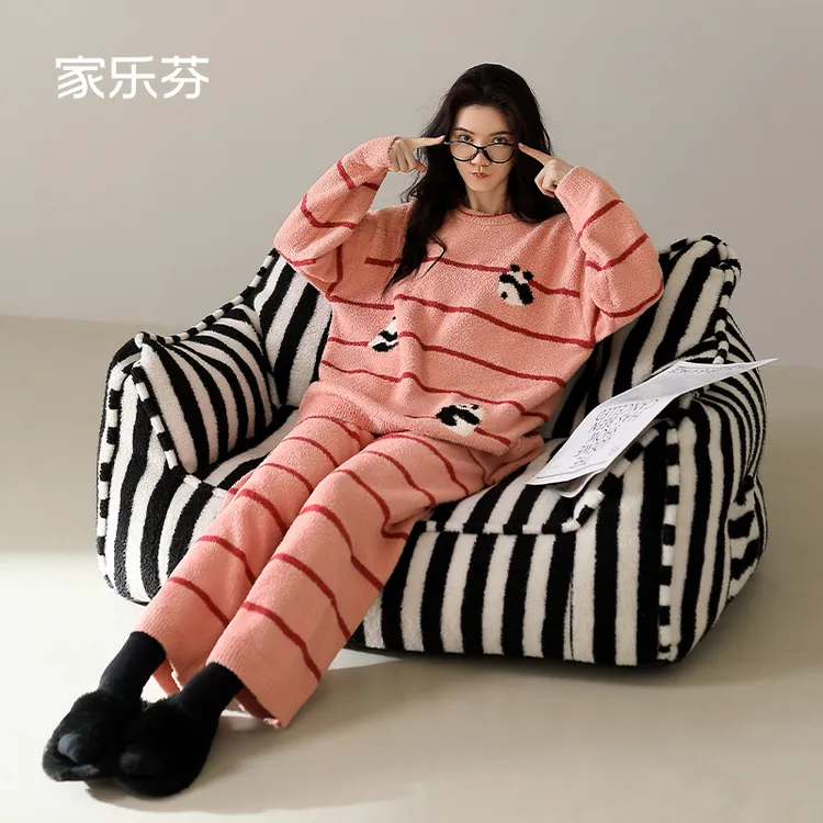 家乐芬睡衣女士秋冬季半边绒家居服软绵绵条纹卡通加厚加绒珊瑚绒