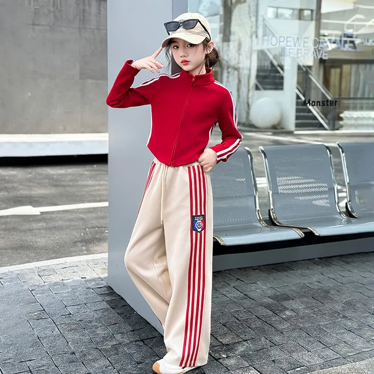 韩版女童贴标拉条休闲裤套装洋气2025新款春秋儿童高腰上衣两件套