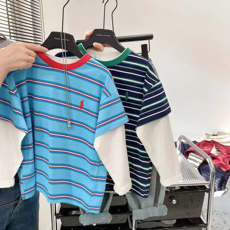 2025年春款儿童韩版拼接长袖T恤中小童宝宝春秋装休闲假两件上衣