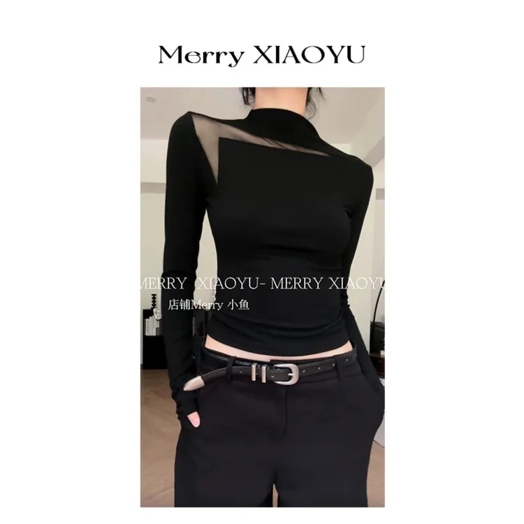 【小鱼】简约镂空网纱小众设计黑色长袖修身显瘦纯欲感百搭上衣