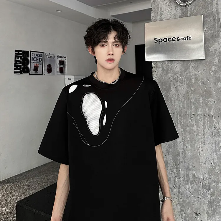 美式垫肩切割破洞t恤男夏季cleanfit网纱设计辑明线短袖潮牌半袖