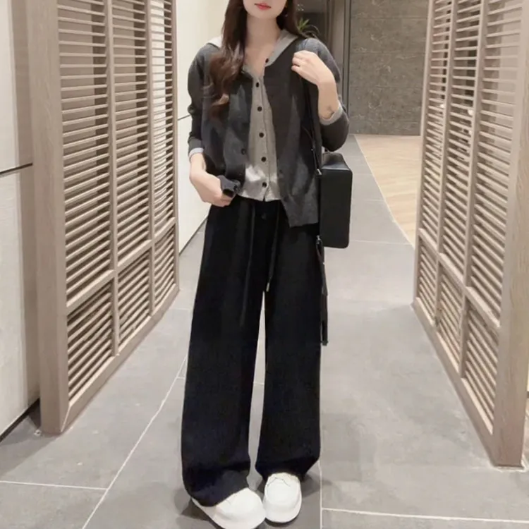 早秋显瘦套装穿搭一整套女装宽松假两件针织衫毛衣休闲卫裤两件套