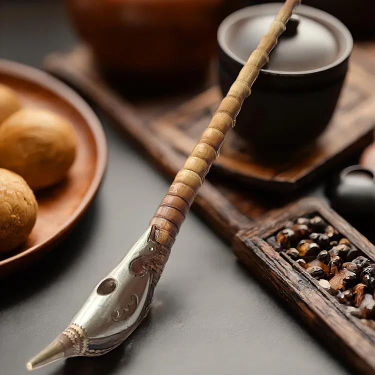 精品全铜材质莲花座蝴蝶面老式传统手工竹节旱烟斗