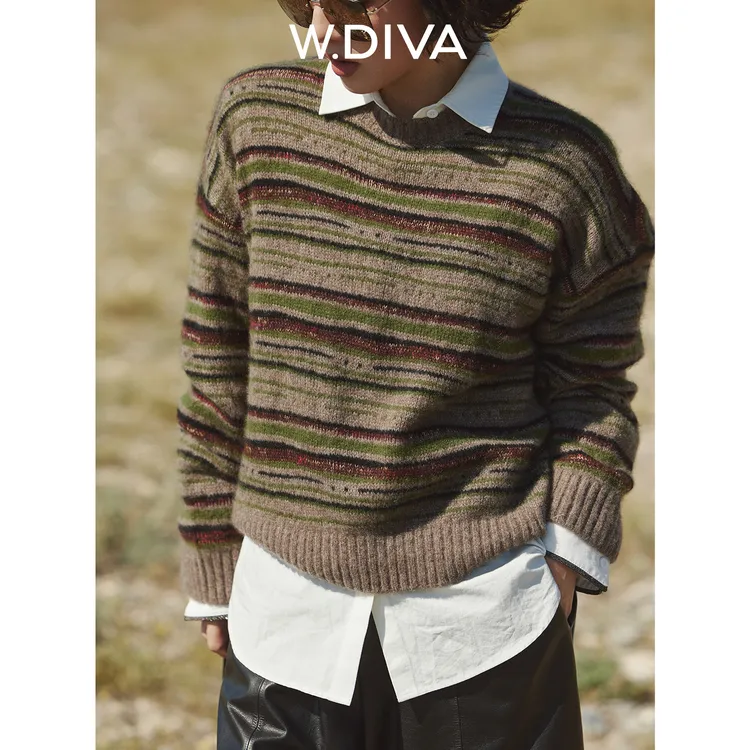 W.Diva【暖雾条纹诗】康赛妮白厂丝山羊绒套头毛衫慵懒风54Z222503