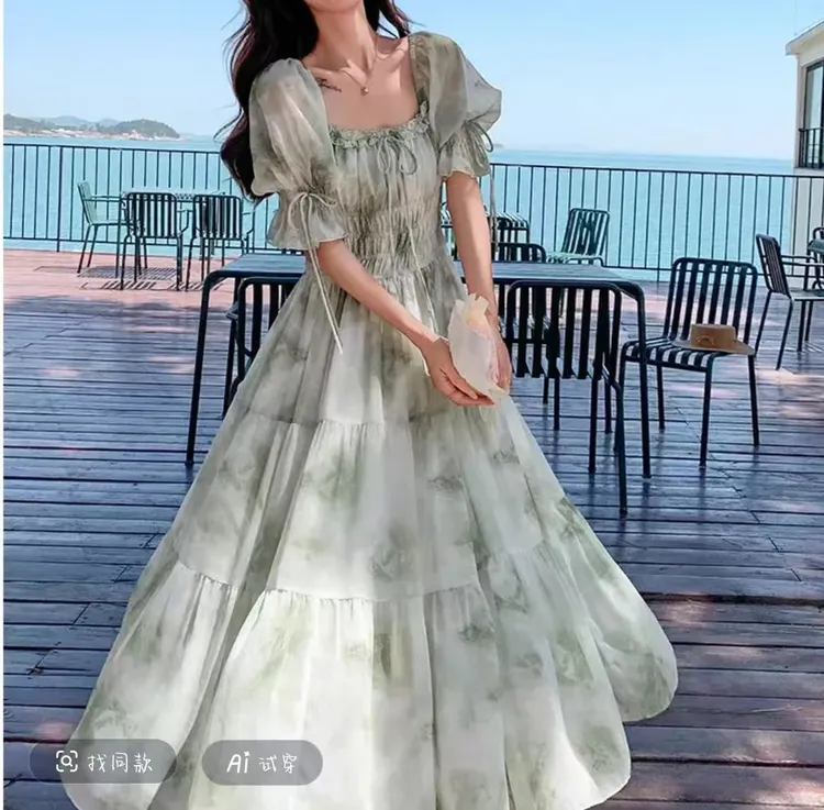 方领韩版连衣裙温柔茶系蛋糕裙甜美长款裙子muji风显瘦气质法式