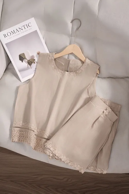 法式小香风亚麻套装女夏季超好看显白显瘦无袖上衣短裤两件套815