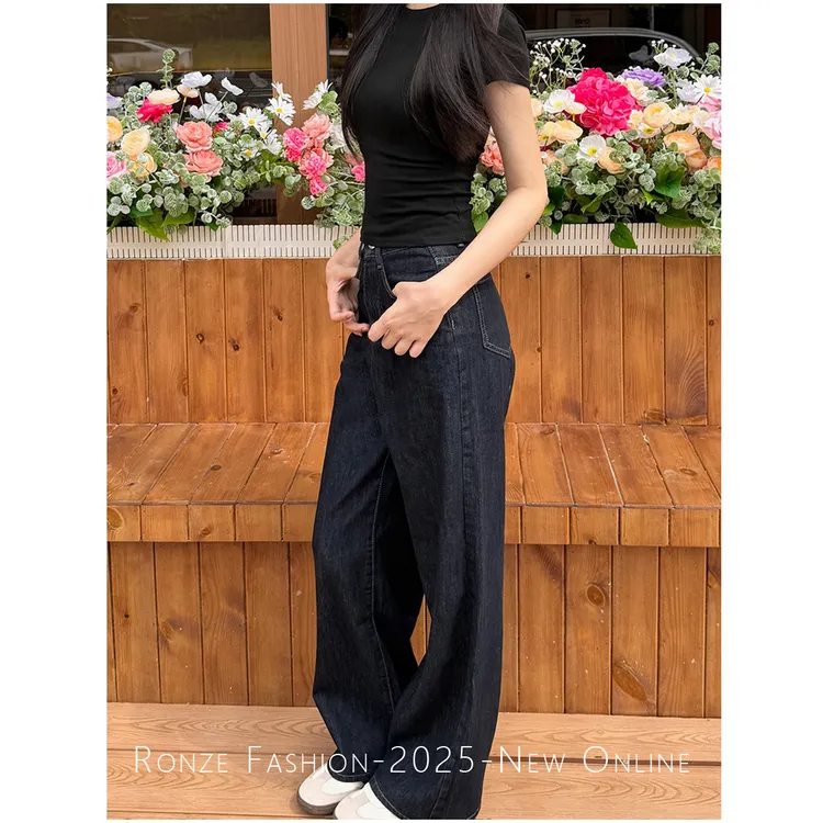 美式原牛ins风阔腿牛仔裤女百搭极简风老钱风蓝灰色加绒加厚牛仔