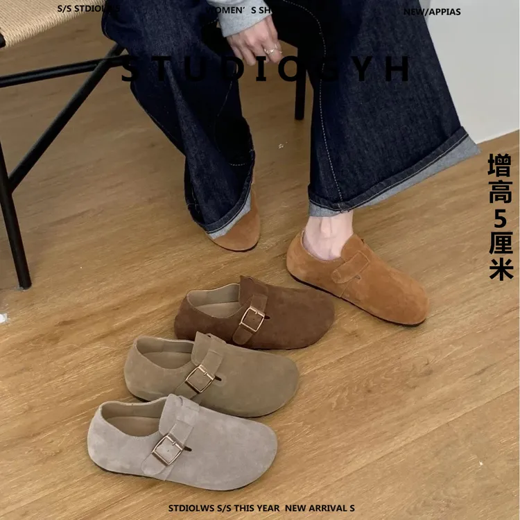 2025年秋冬新款真皮羊毛百搭时尚韩版一脚蹬内增高脖肯鞋休闲单鞋