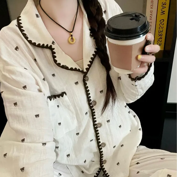 可爱卡通小熊撞色睡衣女2025年春秋季新款宽松长袖长裤家居服套装