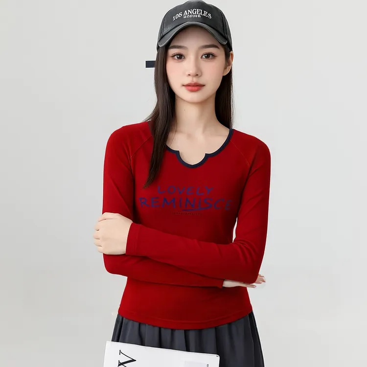 XVRV【秋上新】2025新款运动T恤撞色小V领字母印花长袖健身百搭上衣